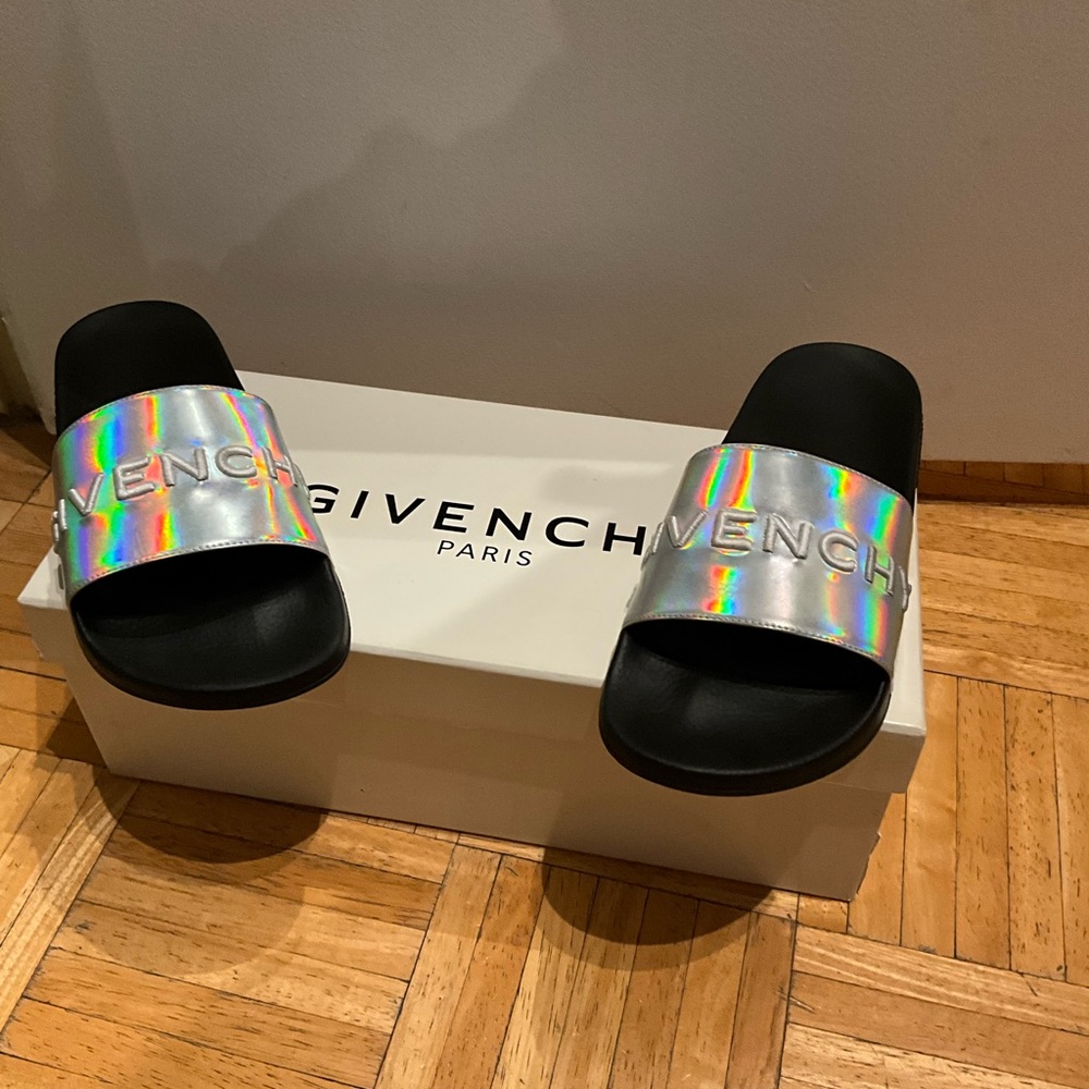 Givenchy Black and Silver Slide Sandals